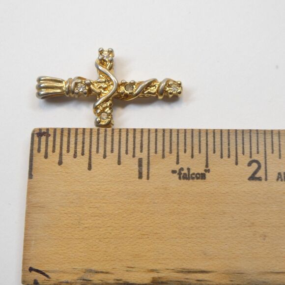Textured Cross Pendant Ornate Crucifix Charm w/ Clear Stones Vintage - Picture 9 of 10